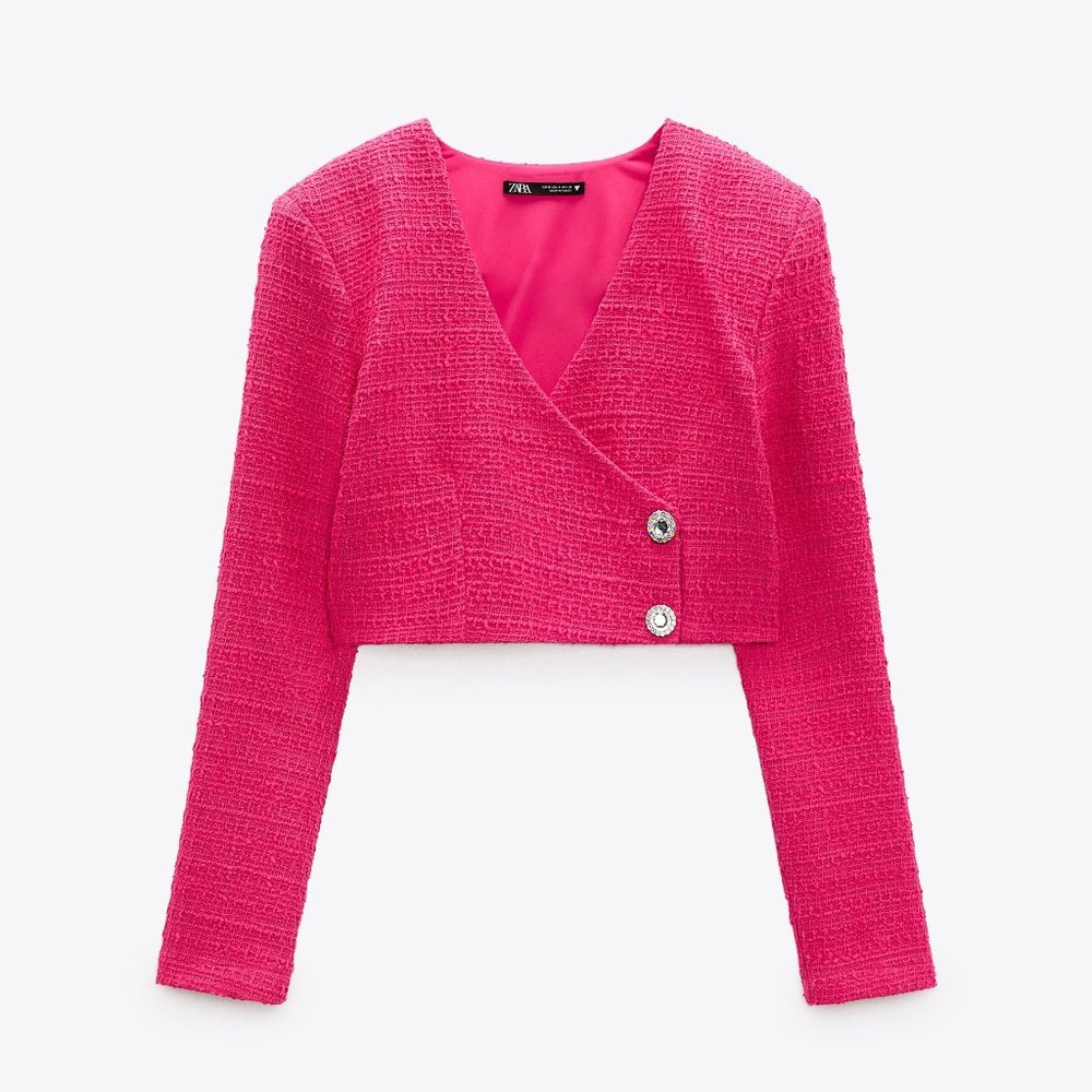 Zara Cropped Tweed Jacket with Crystal Buttons